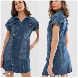 Free People Denim Mini Dress Medium Wash Button Front Raw Hem XS Asymmetrical